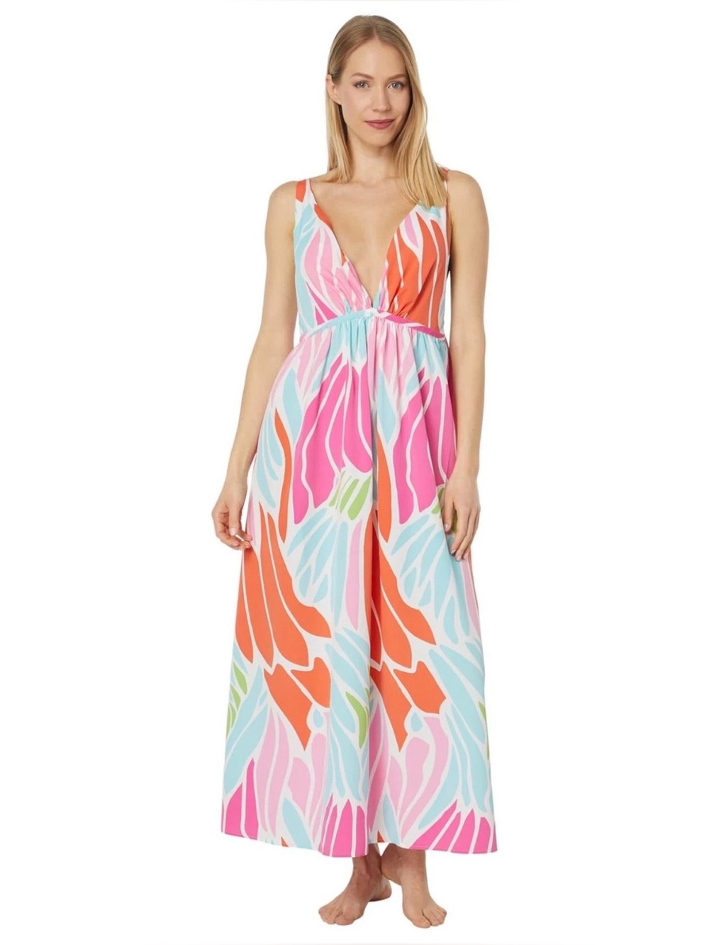 NWOT- Natori 'Papillion' Printed Long Sleeveless Nightgown, Bright Coral Large